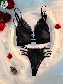 Crystal Vow 6pcs/Set Sexy Lace Patchwork Front Closure Women's Lingerie Set 3 Sets - Black - View 3