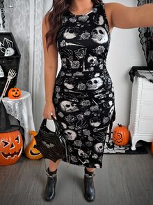 SHEIN EZwear 大尺碼女款全印花開衩設計休閒日常夏季洋裝，萬聖節穿搭 - 黑與白 - 查看 5