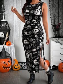 SHEIN EZwear 大尺碼女款全印花開衩設計休閒日常夏季洋裝，萬聖節穿搭 - 黑與白 - 查看 6