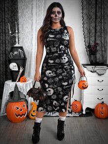 SHEIN EZwear 大尺碼女款全印花開衩設計休閒日常夏季洋裝，萬聖節穿搭 - 黑與白 - 查看 7