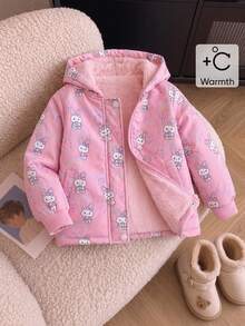 Elladie kids 女童卡通兔子印花抓絨內裡連帽夾克，保暖粉色拉鍊外套，可愛冬季外套 - 粉色 - 查看 7