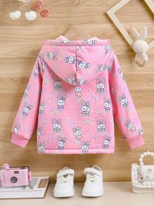 Elladie kids 女童卡通兔子印花抓絨內裡連帽夾克，保暖粉色拉鍊外套，可愛冬季外套 - 粉色 - 查看 2
