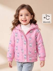 Elladie kids 女童卡通兔子印花抓絨內裡連帽夾克，保暖粉色拉鍊外套，可愛冬季外套 - 粉色 - 查看 8