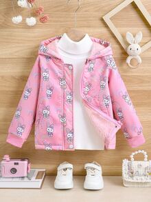 Elladie kids 女童卡通兔子印花抓絨內裡連帽夾克，保暖粉色拉鍊外套，可愛冬季外套 - 粉色 - 查看 4