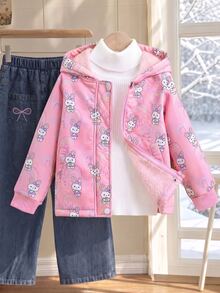 Elladie kids 女童卡通兔子印花抓絨內裡連帽夾克，保暖粉色拉鍊外套，可愛冬季外套 - 粉色 - 查看 9