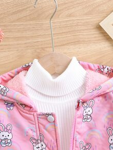 Elladie kids 女童卡通兔子印花抓絨內裡連帽夾克，保暖粉色拉鍊外套，可愛冬季外套 - 粉色 - 查看 5