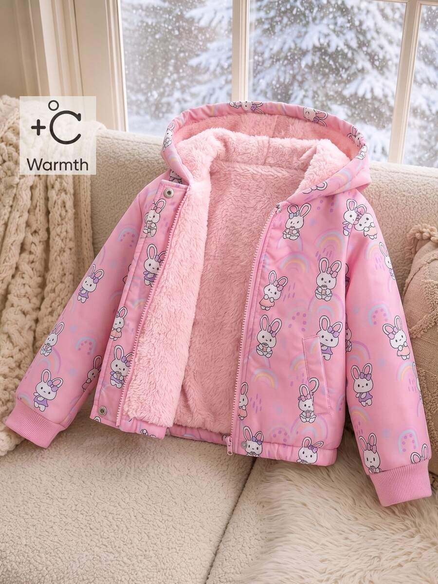 Elladie kids 女童卡通兔子印花抓絨內裡連帽夾克,保暖粉色拉鍊外套,可愛冬季外套 - 粉色 - 查看 1