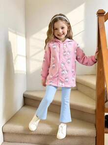 Elladie kids 女童卡通兔子印花抓絨內裡連帽夾克，保暖粉色拉鍊外套，可愛冬季外套 - 粉色 - 查看 3