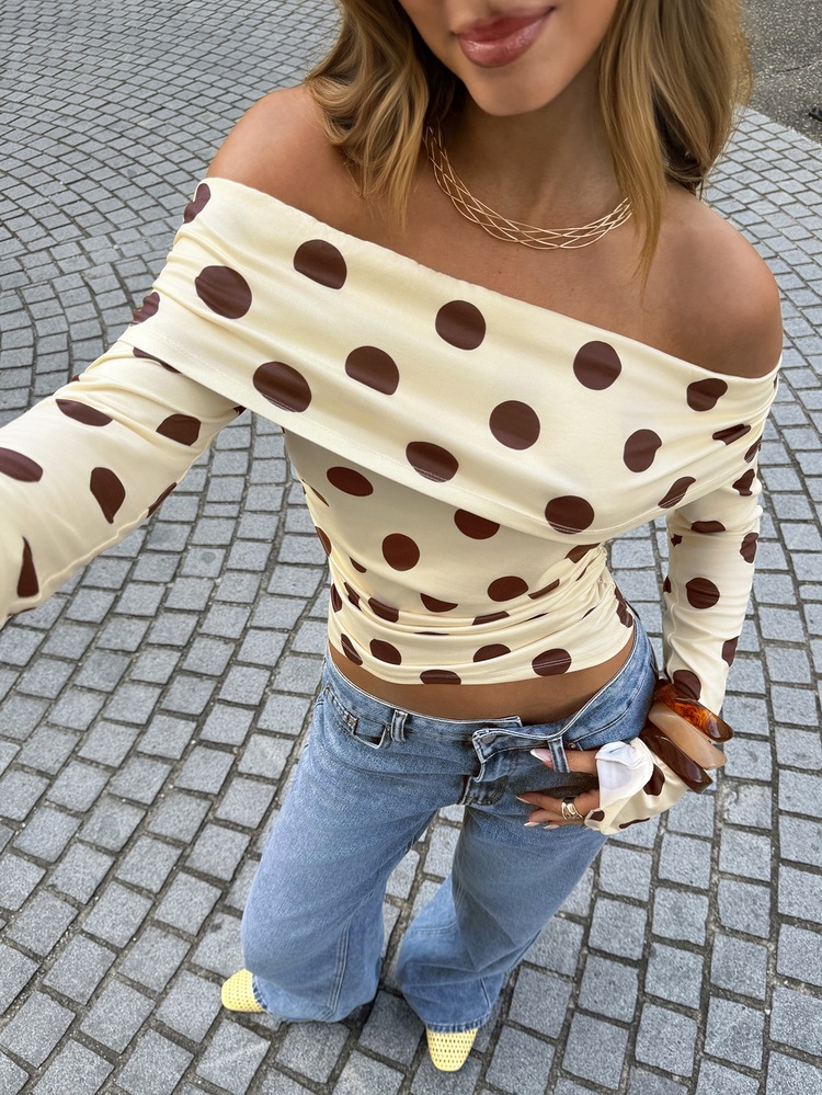 Siren Gaze Women's Brown And White Polka Dot Print Off-Shoulder Long Sleeve Fashion T-Shirt Club Brunch Date Birthday Night Out Autumn Sexy Retro Elegant - Light Yellow - View 7