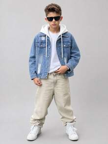 Boys' Casual Light Blue Denim Jacket, All-Season, Salt-Washed Distressed With Ripped Details, Turn-Down Collar, Single-Breasted, Loose Fit, School - Medium Wash - View 7