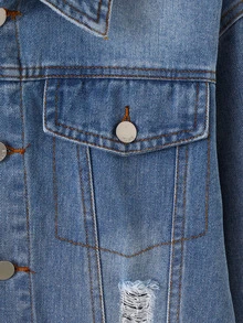 Boys' Casual Light Blue Denim Jacket, All-Season, Salt-Washed Distressed With Ripped Details, Turn-Down Collar, Single-Breasted, Loose Fit, School - Medium Wash - View 5