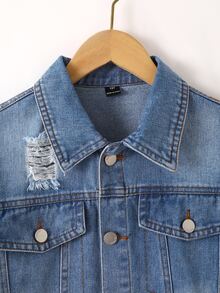 Boys' Casual Light Blue Denim Jacket, All-Season, Salt-Washed Distressed With Ripped Details, Turn-Down Collar, Single-Breasted, Loose Fit, School - Medium Wash - View 6