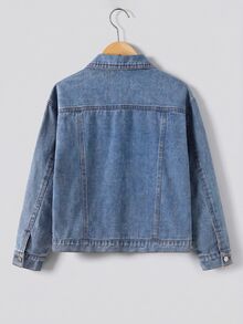 Boys' Casual Light Blue Denim Jacket, All-Season, Salt-Washed Distressed With Ripped Details, Turn-Down Collar, Single-Breasted, Loose Fit, School - Medium Wash - View 2