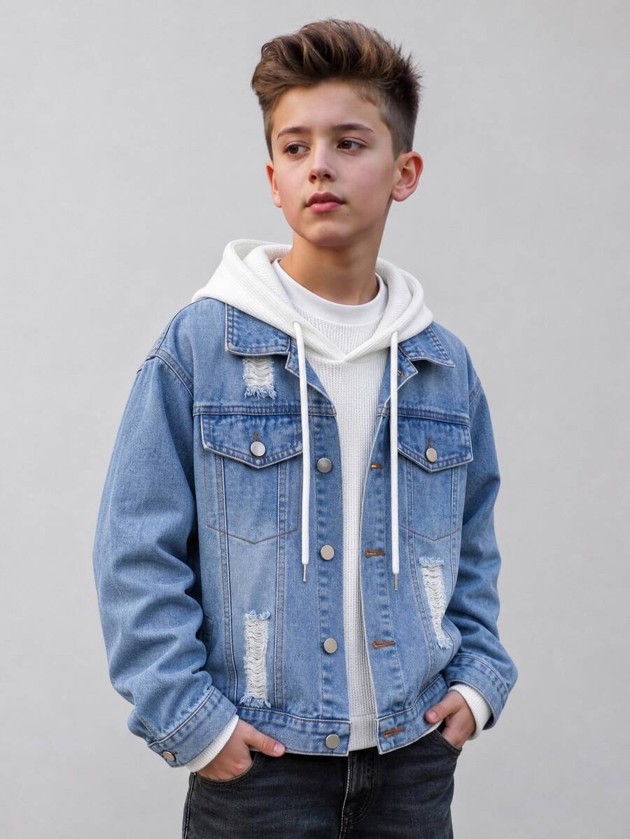 Boys' Casual Light Blue Denim Jacket, All-Season, Salt-Washed Distressed With Ripped Details, Turn-Down Collar, Single-Breasted, Loose Fit, School - Medium Wash - View 1