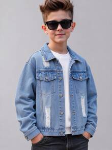 Boys' Casual Light Blue Denim Jacket, All-Season, Salt-Washed Distressed With Ripped Details, Turn-Down Collar, Single-Breasted, Loose Fit, School - Medium Wash - View 8