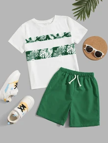 SHEIN Camiseta con estampado tropical y pantalones cortos con cordón para niños y preadolescentes, ropa casual de vacaciones, adecuada para ir al trabajo, escuela, uso diario, deportes, viajes, primavera y verano - Verde - Ver 1
