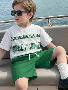SHEIN Camiseta con estampado tropical y pantalones cortos con cordón para niños y preadolescentes, ropa casual de vacaciones, adecuada para ir al trabajo, escuela, uso diario, deportes, viajes, primavera y verano - Verde - Ver 5