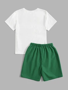 SHEIN Camiseta con estampado tropical y pantalones cortos con cordón para niños y preadolescentes, ropa casual de vacaciones, adecuada para ir al trabajo, escuela, uso diario, deportes, viajes, primavera y verano - Verde - Ver 2