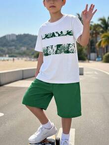 SHEIN Camiseta con estampado tropical y pantalones cortos con cordón para niños y preadolescentes, ropa casual de vacaciones, adecuada para ir al trabajo, escuela, uso diario, deportes, viajes, primavera y verano - Verde - Ver 6