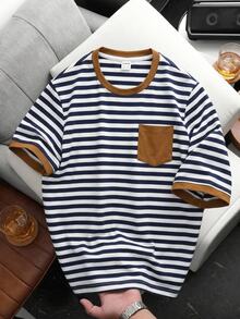 Tween Boy Pocket Patched Striped Trim T-Shirt, Casual And Simple Style Suitable For Summer Daily Wear - Blue and White - View 5