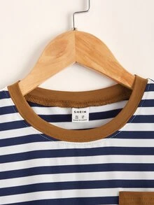 Tween Boy Pocket Patched Striped Trim T-Shirt, Casual And Simple Style Suitable For Summer Daily Wear - Blue and White - View 3
