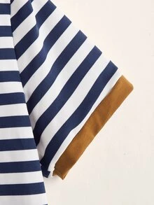 Tween Boy Pocket Patched Striped Trim T-Shirt, Casual And Simple Style Suitable For Summer Daily Wear - Blue and White - View 4
