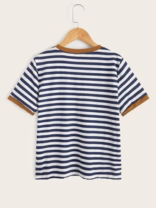 Tween Boy Pocket Patched Striped Trim T-Shirt, Casual And Simple Style Suitable For Summer Daily Wear - Blue and White - View 2