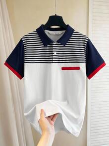 SHEIN Tween Boys' Casual Contrast Color Block Polo Collar Short Sleeve Shirt, Suitable For Commuting, School, Daily Casual Wear, Sports, Spring/Summer - Multicolor - View 5
