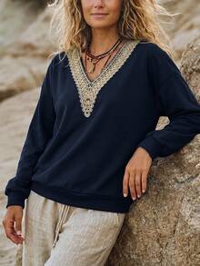 Breezaya Bohemian Elegant Embroidered Deep V-Neck Navy Blue Loose Sweatshirt Women Vintage Long Sleeve Casual Pullover Top Daily Outing Autumn/Winter - Multicolor - View 3