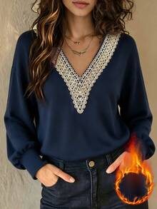 Breezaya Bohemian Elegant Embroidered Deep V-Neck Navy Blue Loose Sweatshirt Women Vintage Long Sleeve Casual Pullover Top Daily Outing Autumn/Winter - Multicolor - View 6
