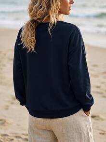 Breezaya Bohemian Elegant Embroidered Deep V-Neck Navy Blue Loose Sweatshirt Women Vintage Long Sleeve Casual Pullover Top Daily Outing Autumn/Winter - Multicolor - View 2