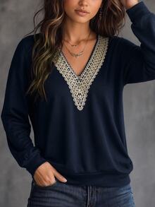 Breezaya Bohemian Elegant Embroidered Deep V-Neck Navy Blue Loose Sweatshirt Women Vintage Long Sleeve Casual Pullover Top Daily Outing Autumn/Winter - Multicolor - View 8