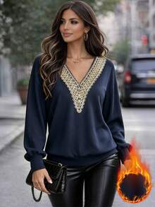 Breezaya Bohemian Elegant Embroidered Deep V-Neck Navy Blue Loose Sweatshirt Women Vintage Long Sleeve Casual Pullover Top Daily Outing Autumn/Winter - Multicolor - View 1