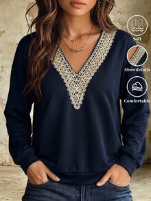 Breezaya Bohemian Elegant Embroidered Deep V-Neck Navy Blue Loose Sweatshirt Women Vintage Long Sleeve Casual Pullover Top Daily Outing Autumn/Winter - Multicolor - View 5