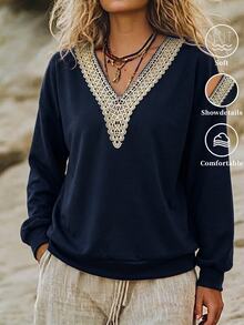Breezaya Bohemian Elegant Embroidered Deep V-Neck Navy Blue Loose Sweatshirt Women Vintage Long Sleeve Casual Pullover Top Daily Outing Autumn/Winter - Multicolor - View 4