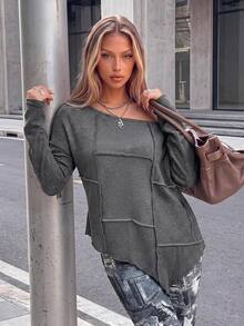 SHEIN ICON 按折痕落肩袖木耳邊T恤 - 深灰色 - 查看 8