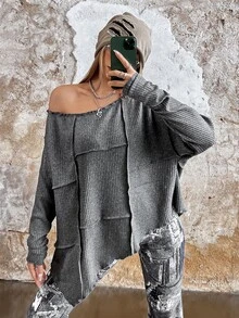 SHEIN ICON 按折痕落肩袖木耳邊T恤 - 深灰色 - 查看 4