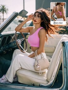 SHEIN Sports Bra Camisole Tanpa Lengan dengan Elastisitas Tinggi untuk Olahraga, Kebugaran, dan Yoga - Berwarna merah muda - View 1
