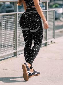 SHEIN Sovereign Charm 1pc Polka Dot Seamless High Waist High Stretch Tight Leggings - Black - View 2