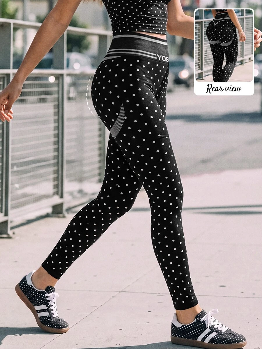 SHEIN Sovereign Charm 1pc Polka Dot Seamless High Waist High Stretch Tight Leggings - Black - View 1