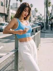 SHEIN Sovereign Charm Contrast Trim Seamless Sports Bra Gym Blue And White Stripe Summer Athleisure Athletic - Blue - View 4