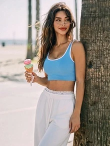 SHEIN Sovereign Charm Contrast Trim Seamless Sports Bra Gym Blue And White Stripe Summer Athleisure Athletic - Blue - View 2