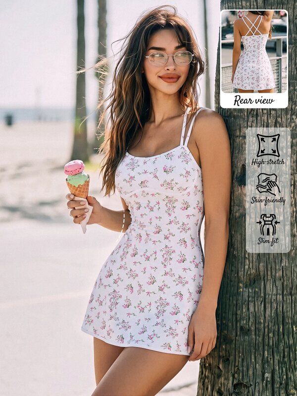 SHEIN Dewbera طقم رياضي نسائي من قطعتين مع فستان رياضي بظهر متقاطع بنقاط بولكا عتيقة وشورت مع جيب للهاتف للتمارين الخارجية