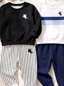 SHEIN 3套男童運動風海軍藍白色條紋拼接馬匹印花長袖圓領抓絨衛衣套裝，秋冬校園穿搭 - 彩色 - 查看 7