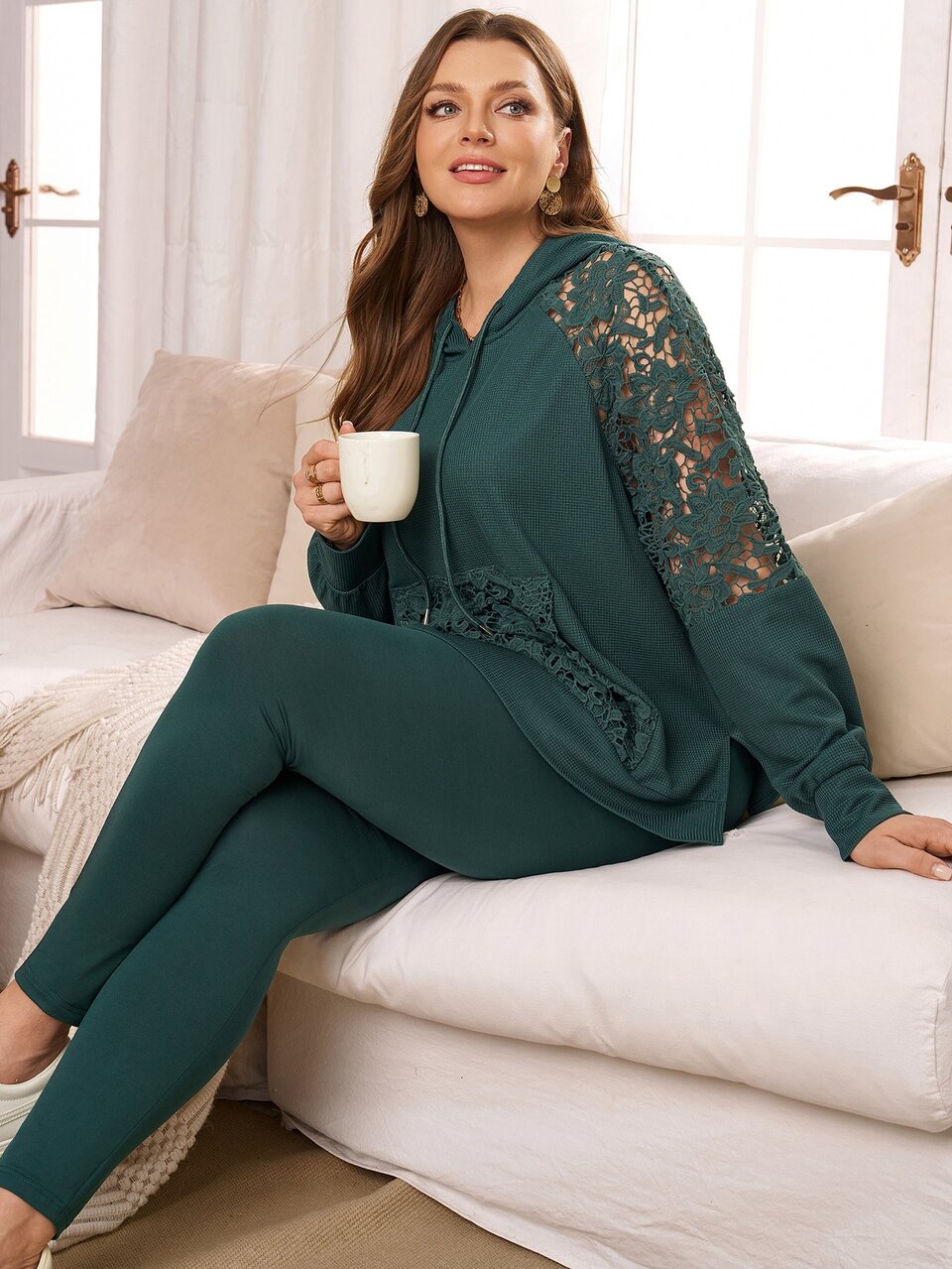 Women's Plus Size Lace Patchwork Drawstring Hooded Sweatshirt And Leggings Set Fall Clothes For Women Winter Clothes For Women  Fall Winter 2026