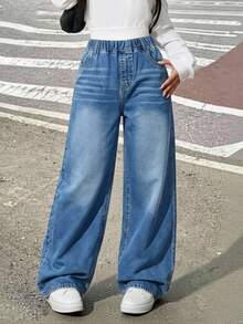 SHEIN Tween Girl Casual Washed Elastic Waist Wide Leg Versatile Jeans - Medium Wash - View 5