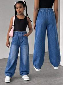 SHEIN Tween Girl Casual Washed Elastic Waist Wide Leg Versatile Jeans - Medium Wash - View 8
