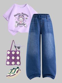 SHEIN Tween Girl Casual Washed Elastic Waist Wide Leg Versatile Jeans - Medium Wash - View 6