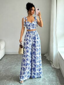 Elenzga Women's 2 Pieces Set: Camisole Top With Back Shirred Design + Shirred Waist Wide Leg Straight Pants - Blue - View 7