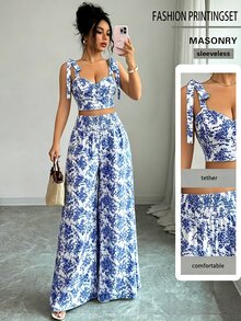 Elenzga Women's 2 Pieces Set: Camisole Top With Back Shirred Design + Shirred Waist Wide Leg Straight Pants - Blue - View 3
